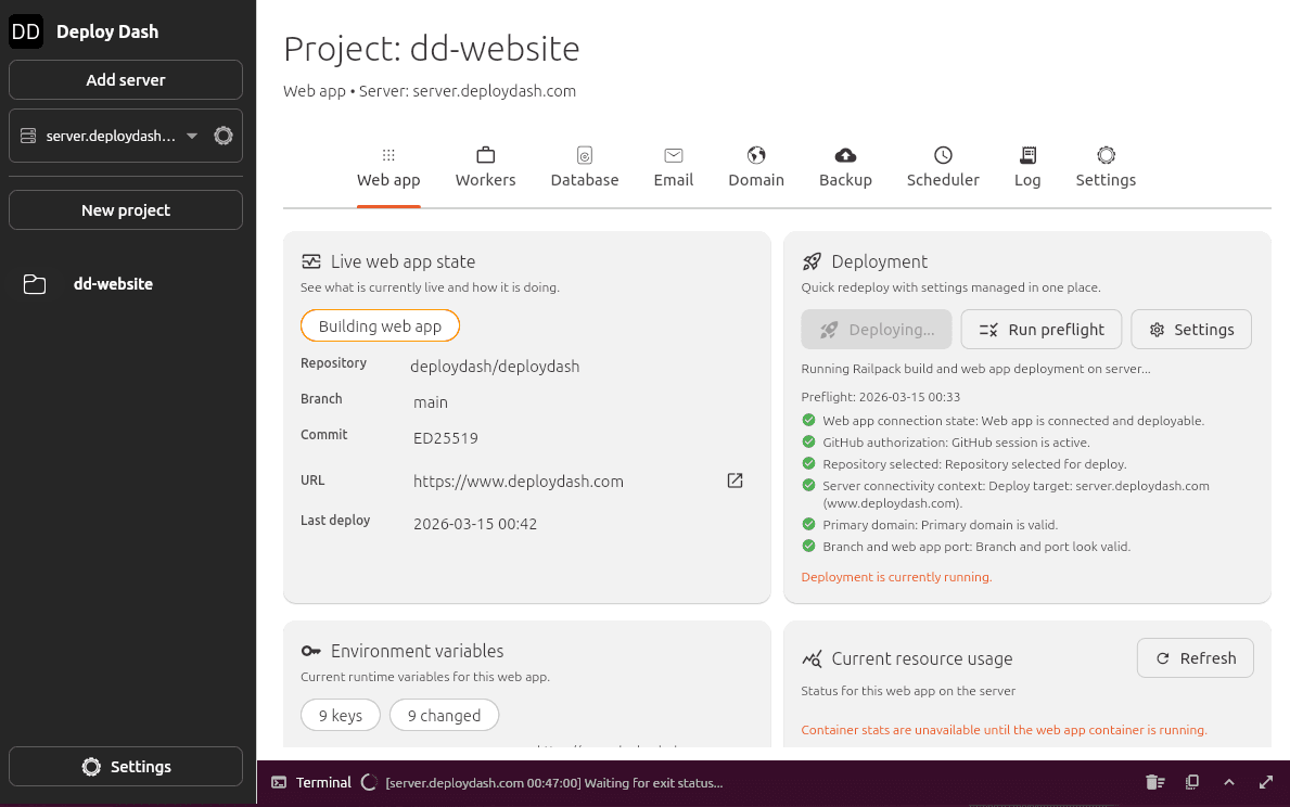 Screenshot of the Deploy Dash desktop app showing the dd-website project deployment view.